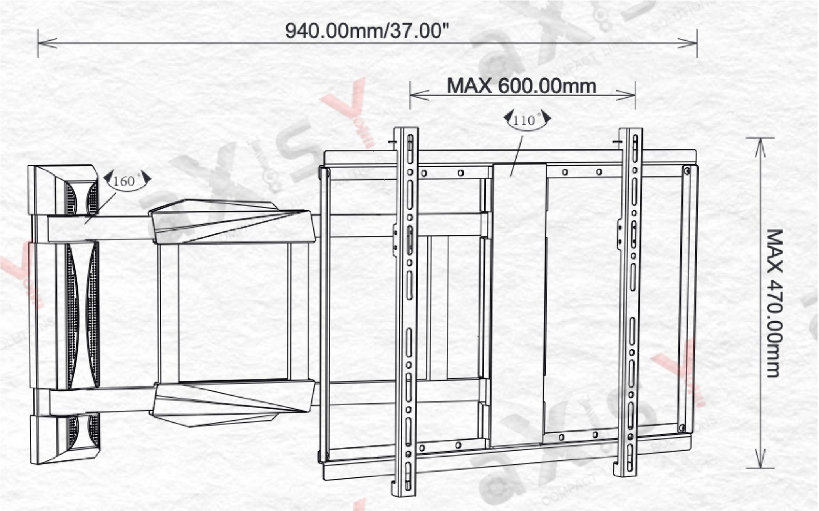 Top view dimension drawing of the motorised swivel TV lift