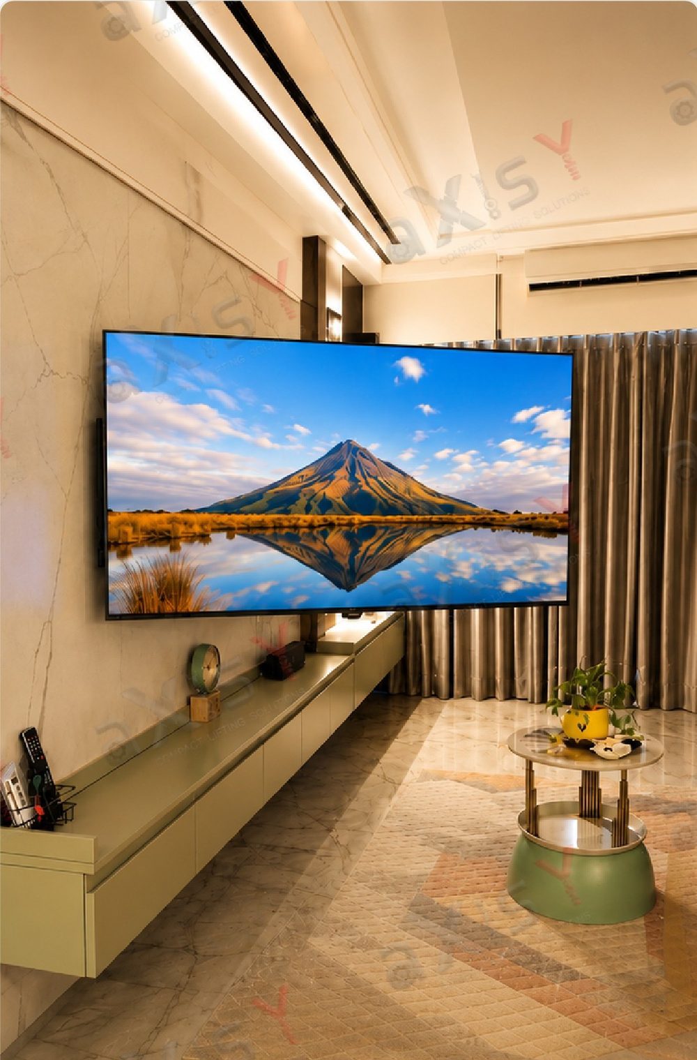 Motorised wall mount swivel TV lift turned to face the seating area