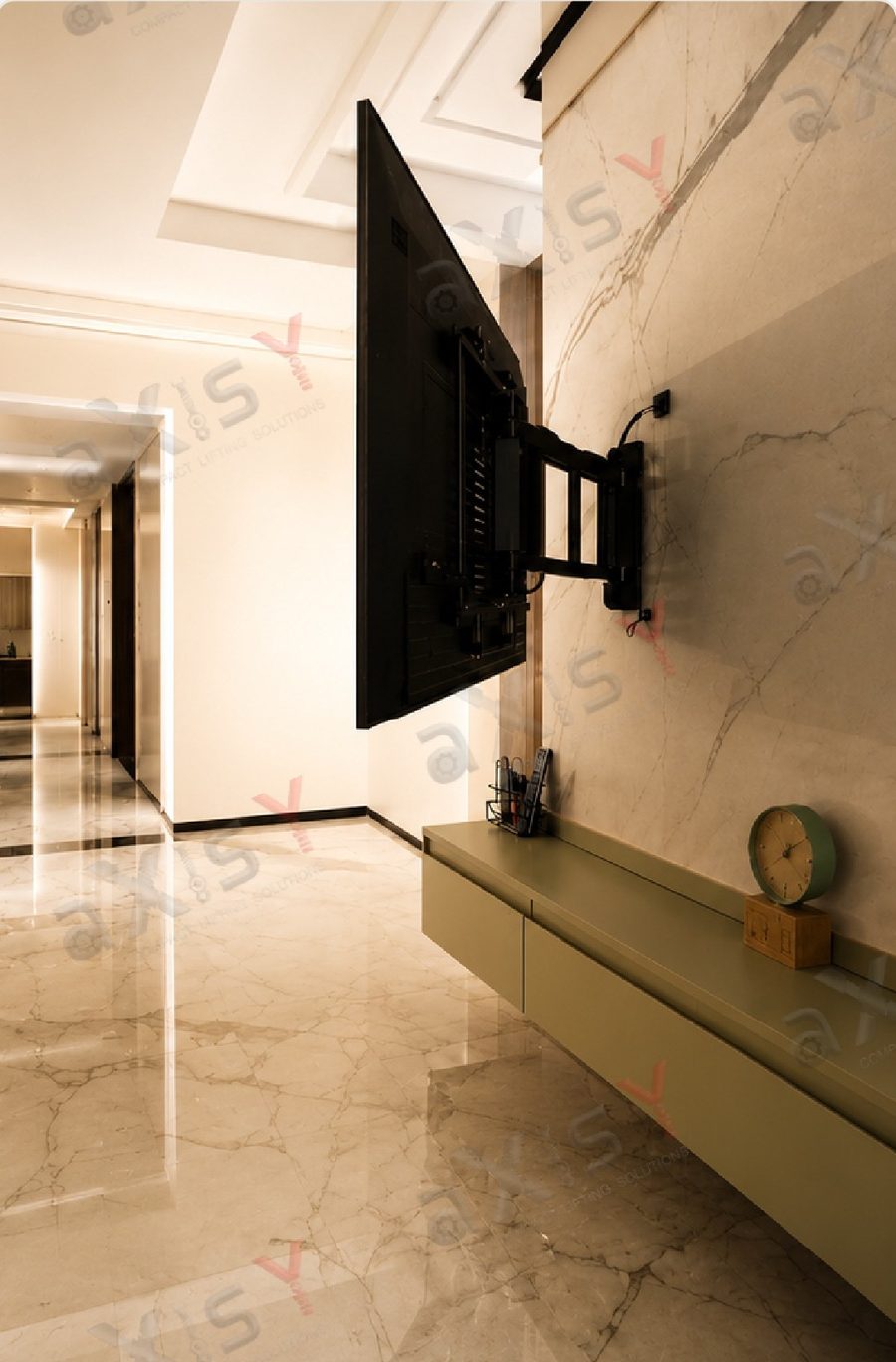 Swivel TV lift turned towards the hallway