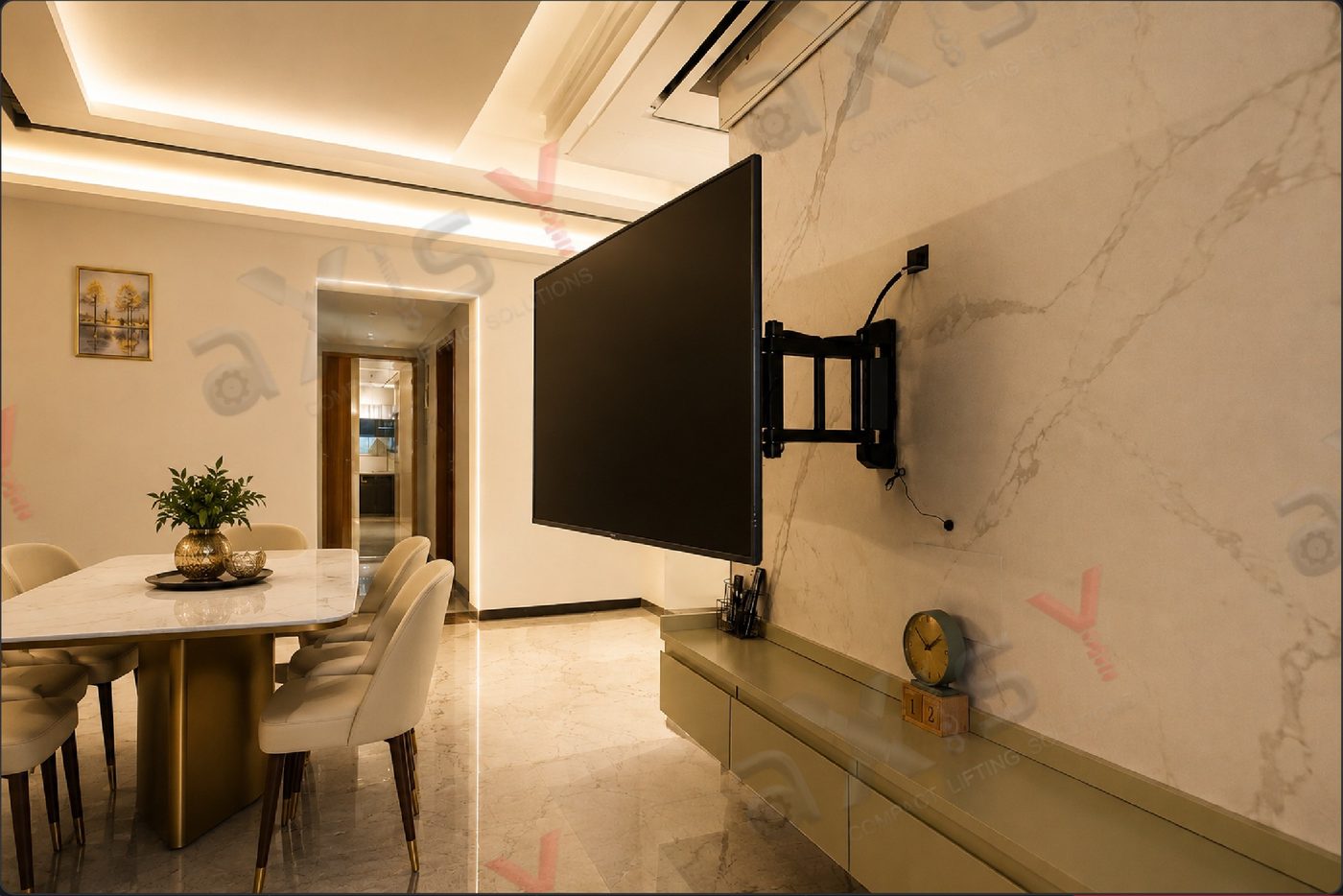 Wall mounted TV swinging out on command